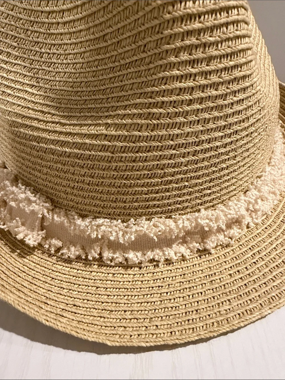 Straw Fedora Hat with Frayed Band - Beige